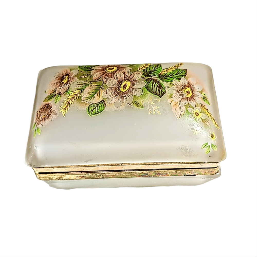 Vintage Floral Trinket Jewelry Box Frosted Glass Taiwan R.O.C.